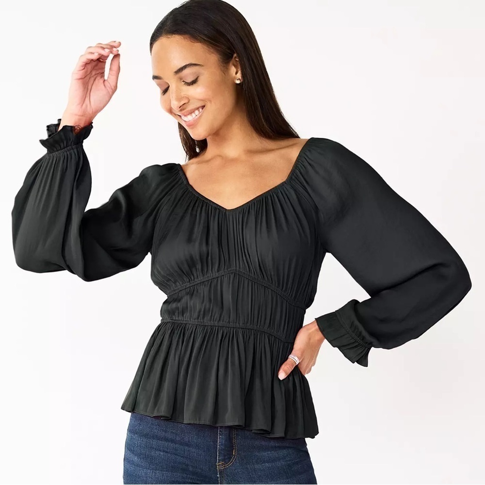 NWT Nine West Women’s Satin Peplum Long Sleeve Top in Black XXL